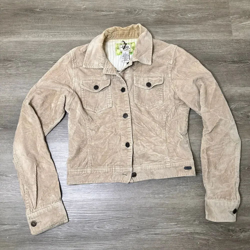Roxy Beige Corduroy Jacket Floral Embroidered Size Medium Y2K